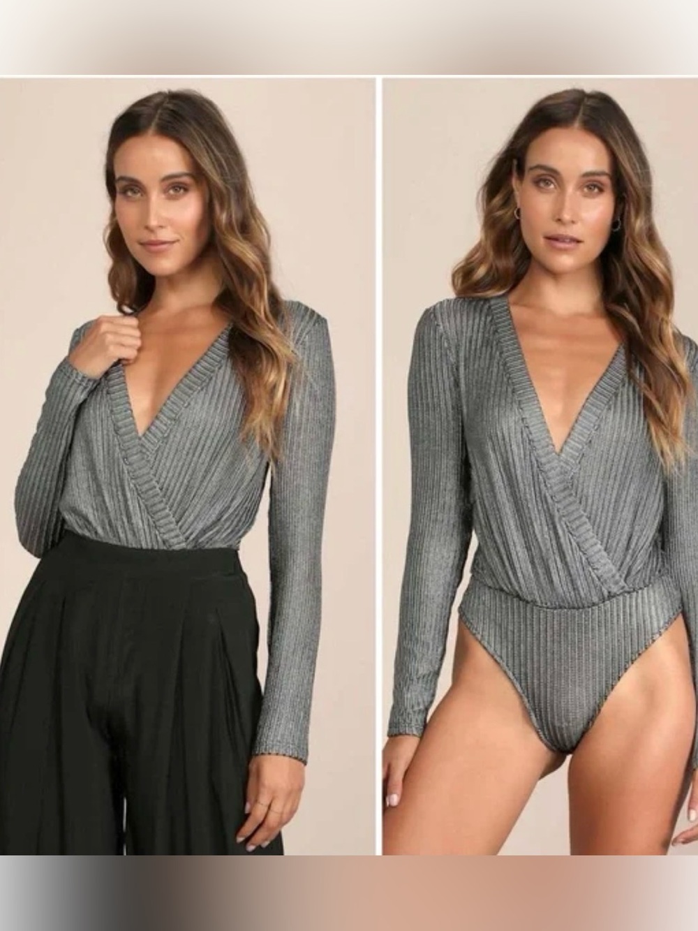 NWT! LuLu’s Silver Metallic Surplice Long-Sleeve Bodysuit
